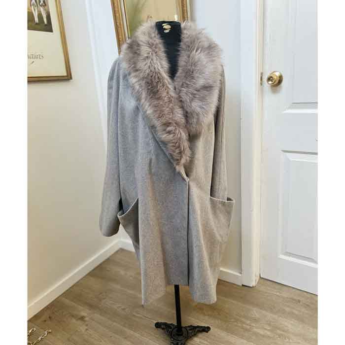 Grey shawl faux fur collar coat best sale