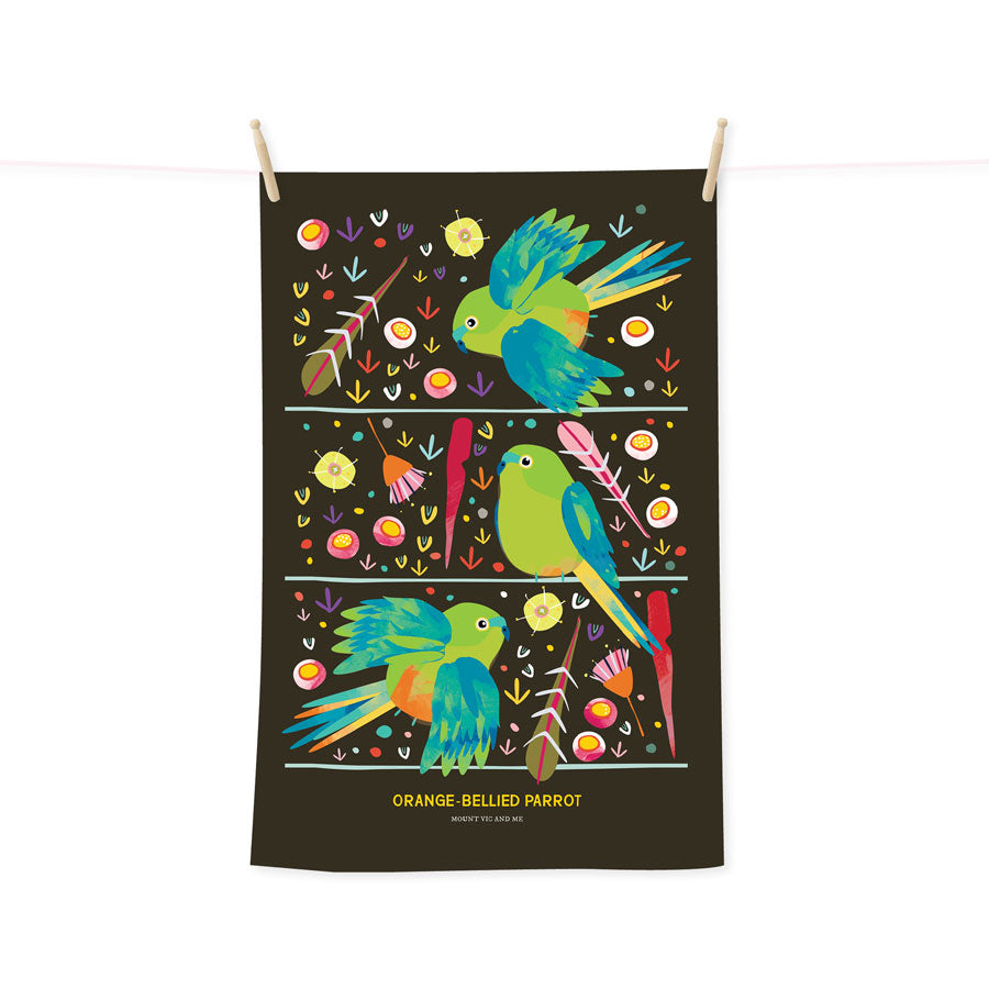 PRE ORDER Orange-Bellied Parrot tea towel