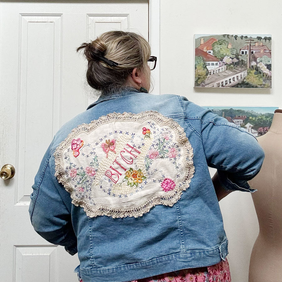 sz 22 rude embroidered doily denim jacket