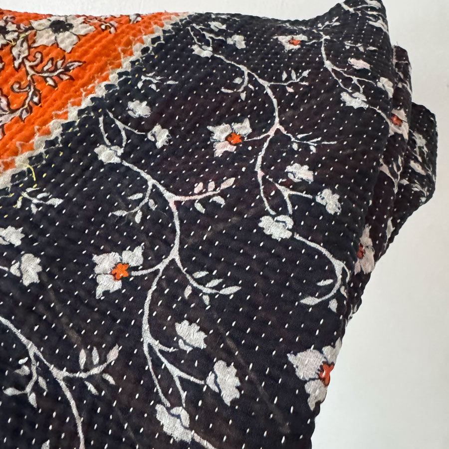 Blanket : navy orange kantha quilt remnant