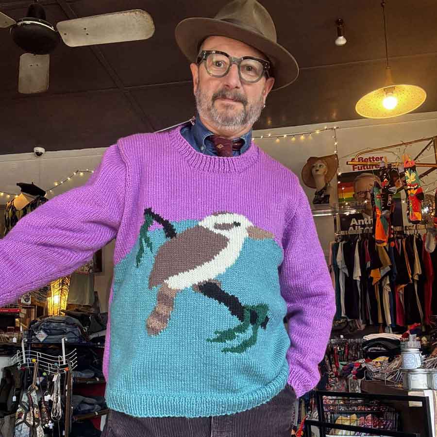 Kookaburra teal hand knitted jumper