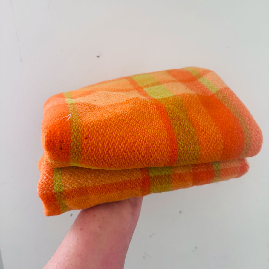 Blanket : orange check wool remnant