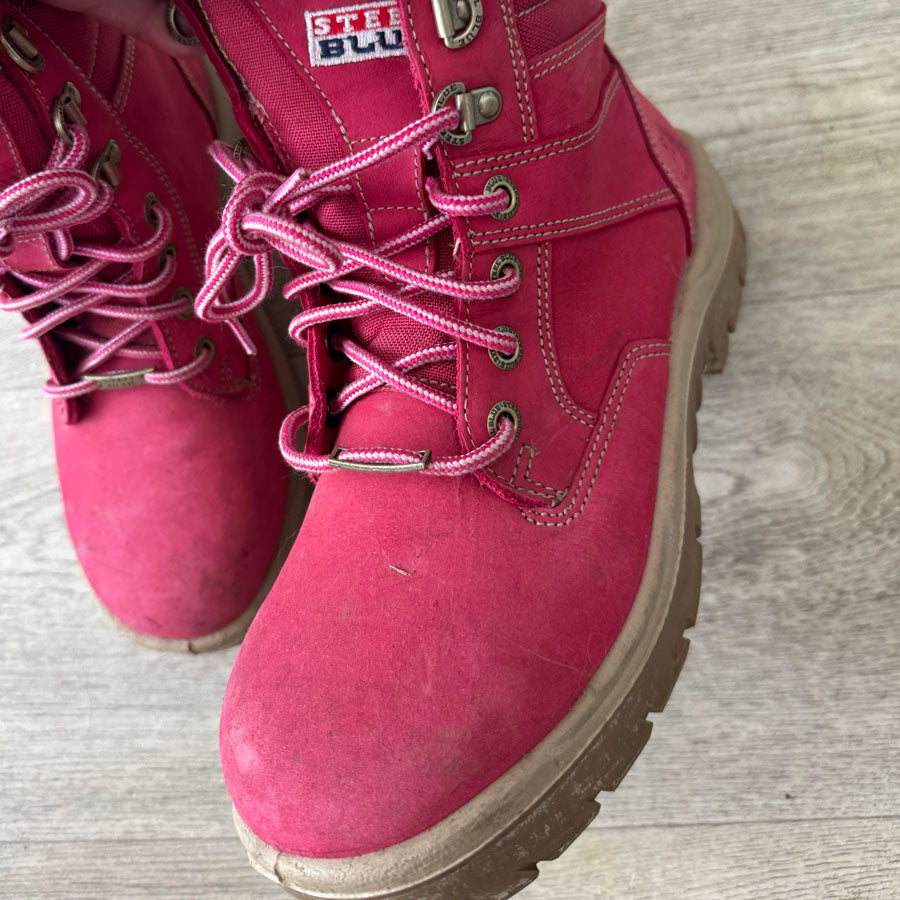 sz 8 pink steel cap work boots