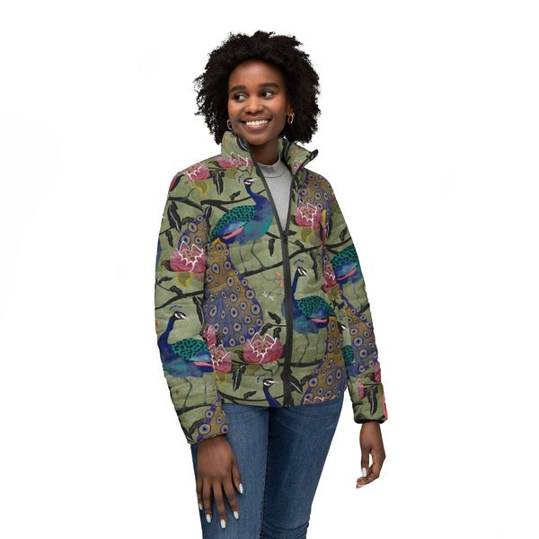 Peacock Paradise women’s puffer jacket