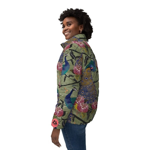 Peacock Paradise women’s puffer jacket