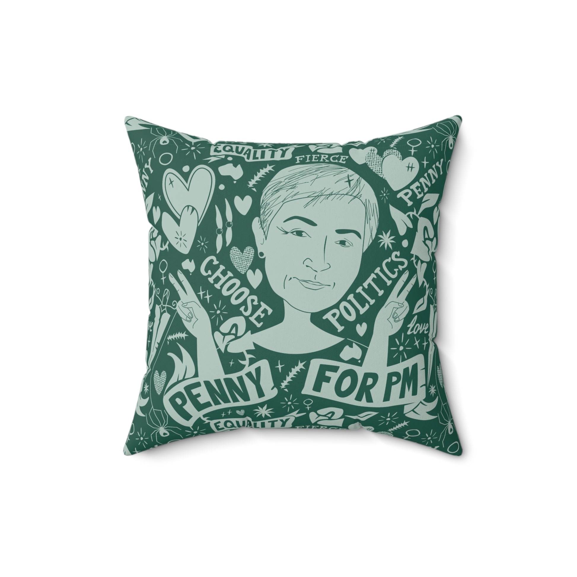 Choose Politics Penny Wong green faux suede cushion