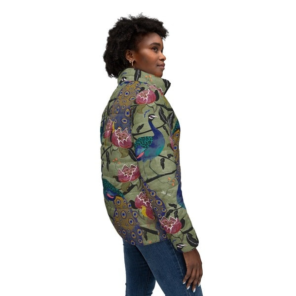 Peacock Paradise women’s puffer jacket