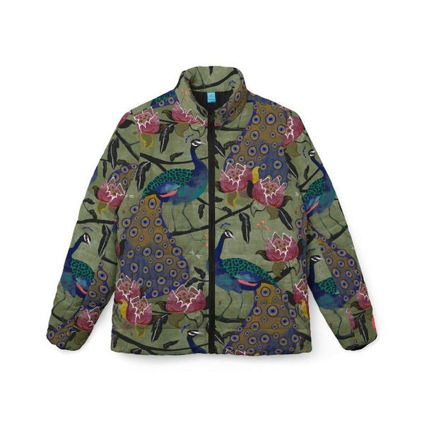 Peacock Paradise women’s puffer jacket