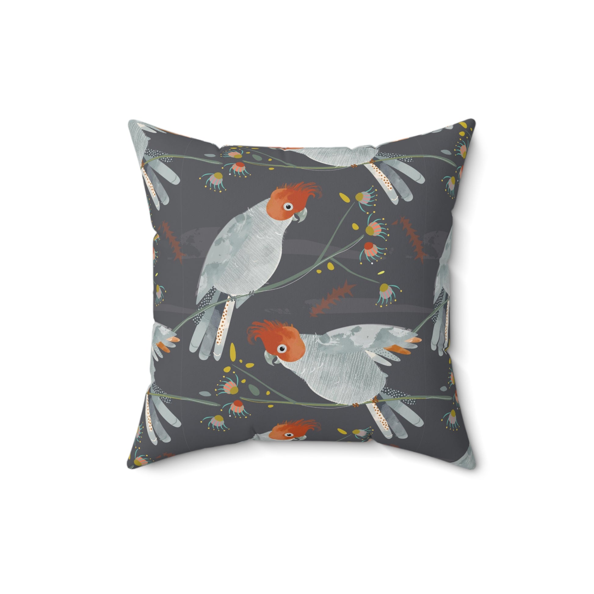 Gang Gang cockatoos grey rust faux suede cushion