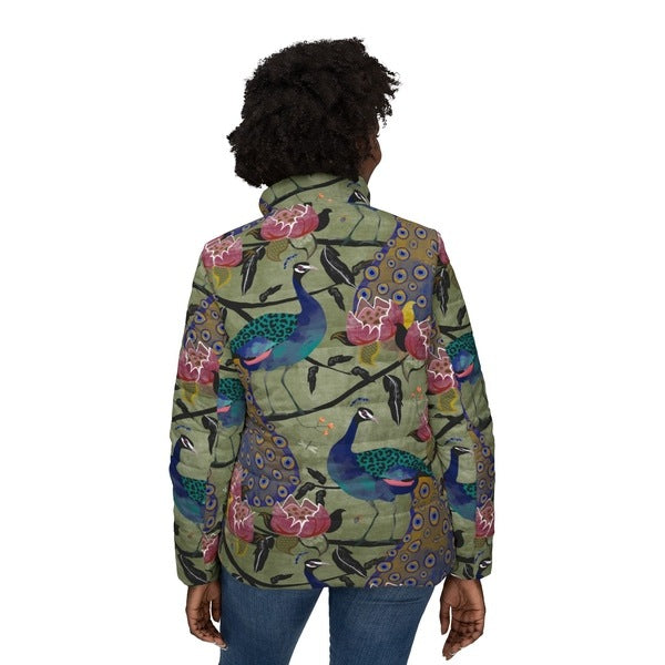 Peacock Paradise women’s puffer jacket