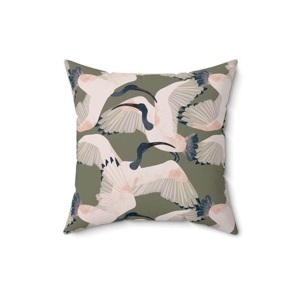 Wonderful Ibis on Olive suede cushion
