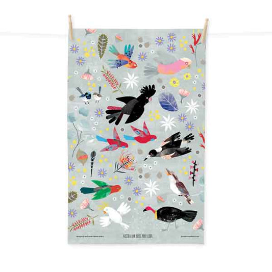 Australian Birds and Flora tea towel