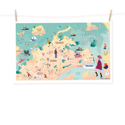 Balmain Rozelle Birchgrove NSW art map tea towel