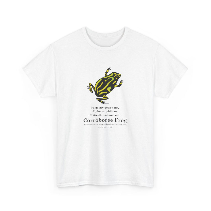 White t-shirt with a green and yellow frog graphic and text on a white background
