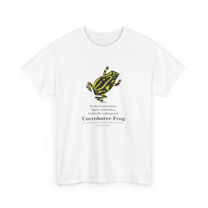 White t-shirt with a green and yellow frog graphic and text on a white background
