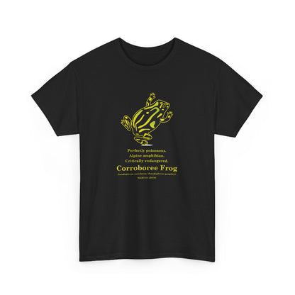 Black t-shirt with yellow Corroboree Frog graphic and text on a white background