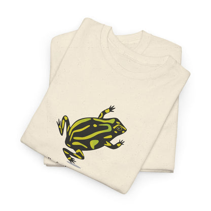 Folded beige fabric with a green and black frog design on a white background