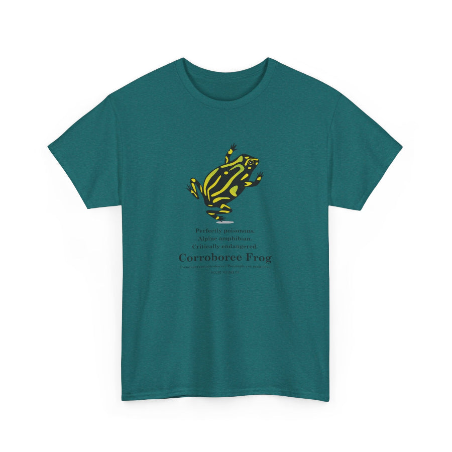 Teal t-shirt with a yellow and black frog graphic and text on a white background