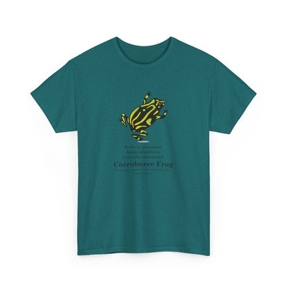 Teal t-shirt with a yellow and black frog graphic and text on a white background