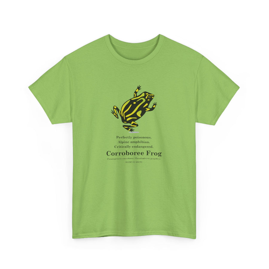 Green t-shirt with a yellow and black frog design and text on a white background