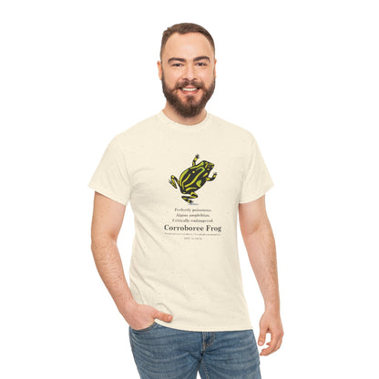 Man wearing a t-shirt with a Corroboree Frog design on a white background