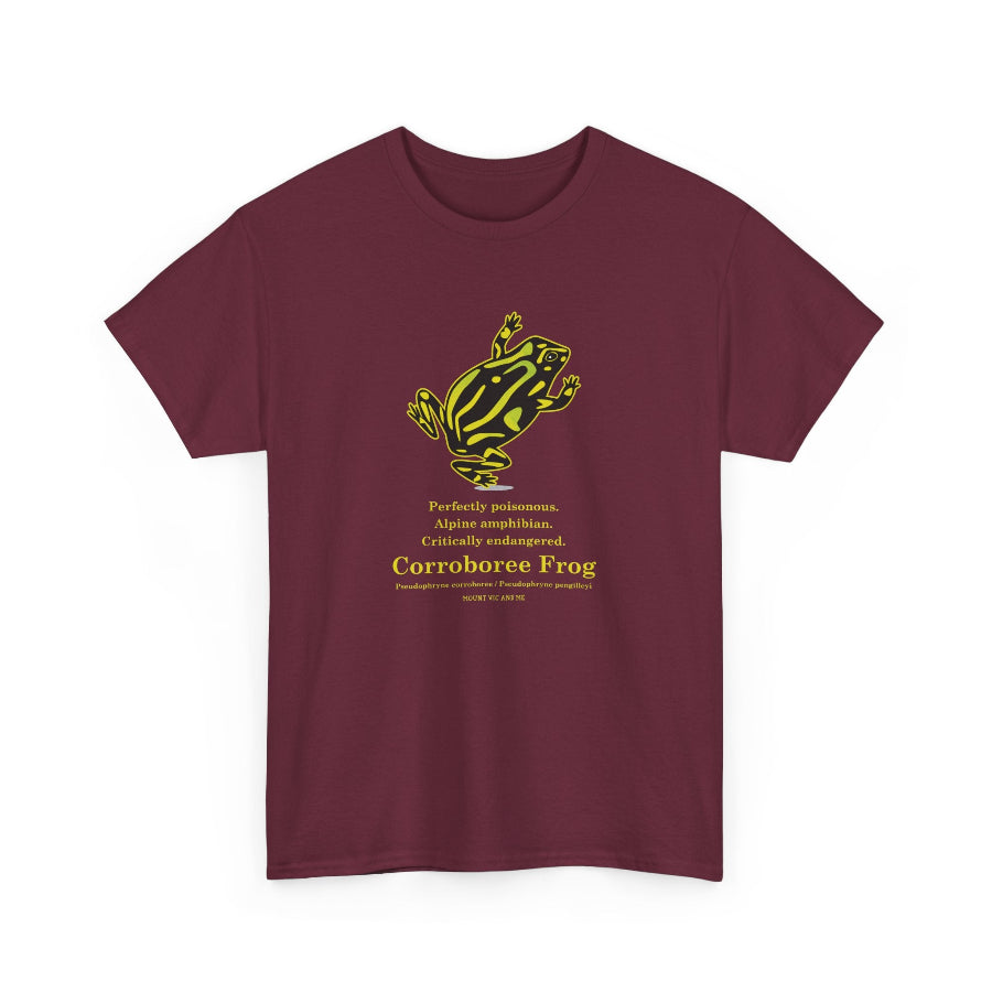 Maroon t-shirt with yellow frog graphic and text on a white background