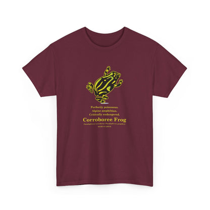 Maroon t-shirt with yellow frog graphic and text on a white background