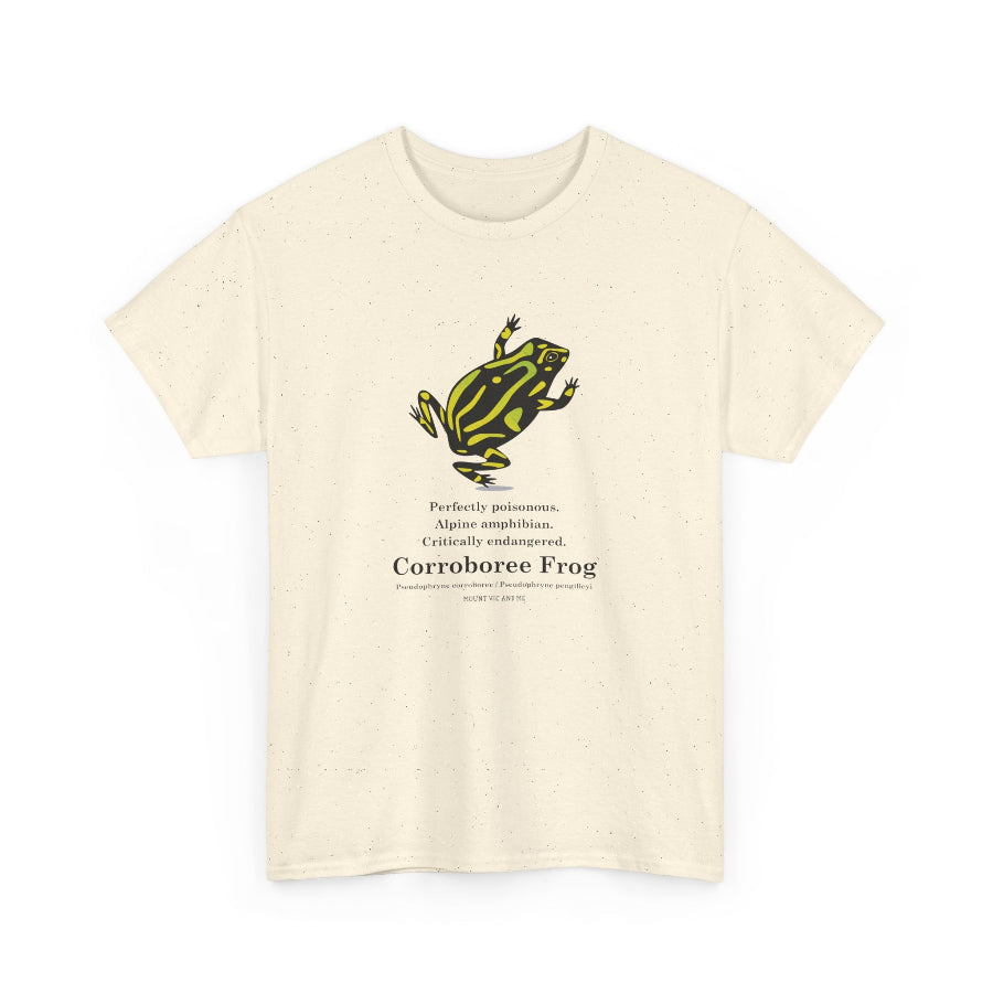 Beige t-shirt with a green frog graphic and text on a white background