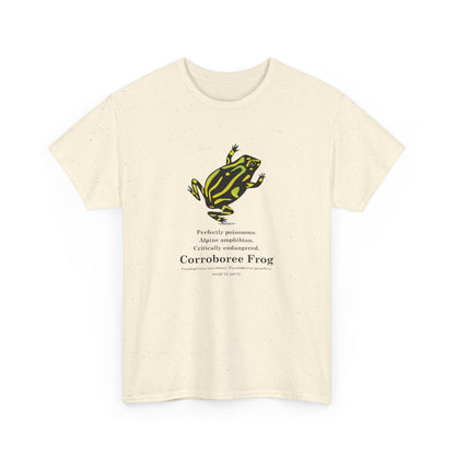 Beige t-shirt with a green frog graphic and text on a white background