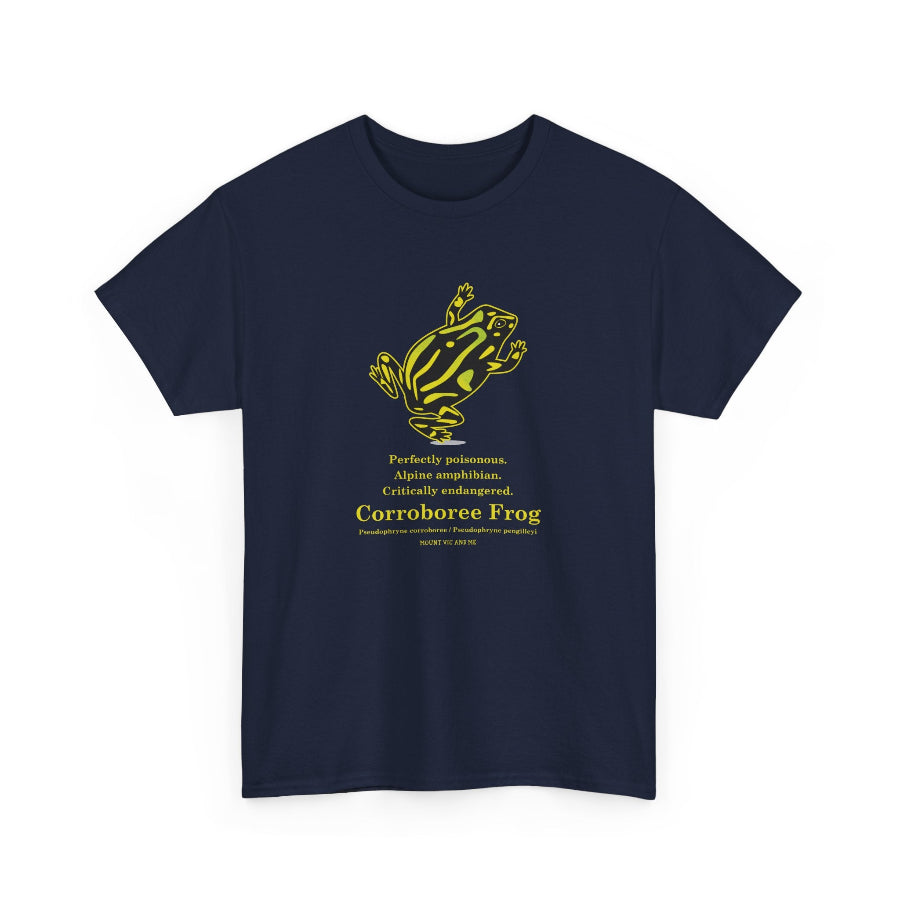 Navy blue t-shirt with yellow Corroboree Frog graphic and text on a white background