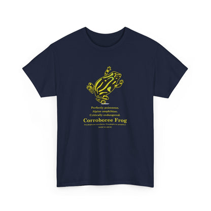 Navy blue t-shirt with yellow Corroboree Frog graphic and text on a white background