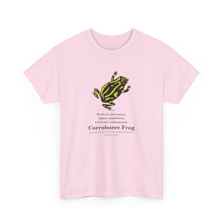 Pink t-shirt with a green frog graphic and text on a white background