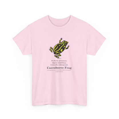 Pink t-shirt with a green frog graphic and text on a white background