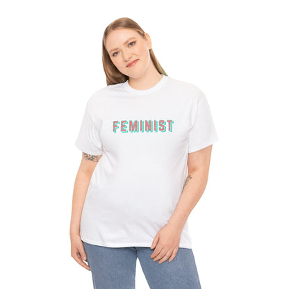 Woman wearing a cream t-shirt with 'FEMINIST' text on a white background