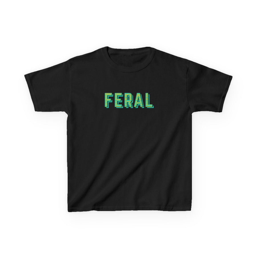 Black t-shirt with 'FERAL' printed in green on a white background