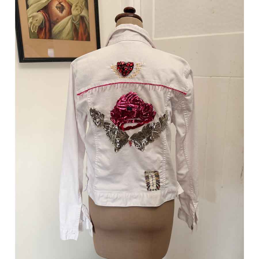 sz 16 Glitter flower white denim jacket