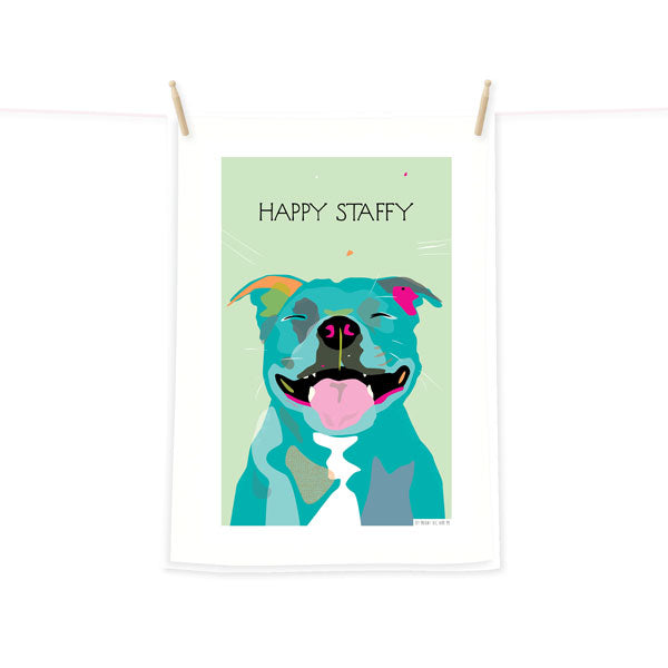 Happy Staffy tea towel