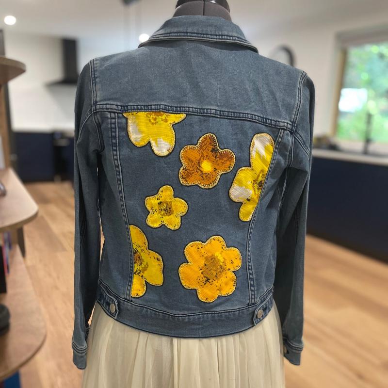 sz 14 yellow hippy flowers denim jacket