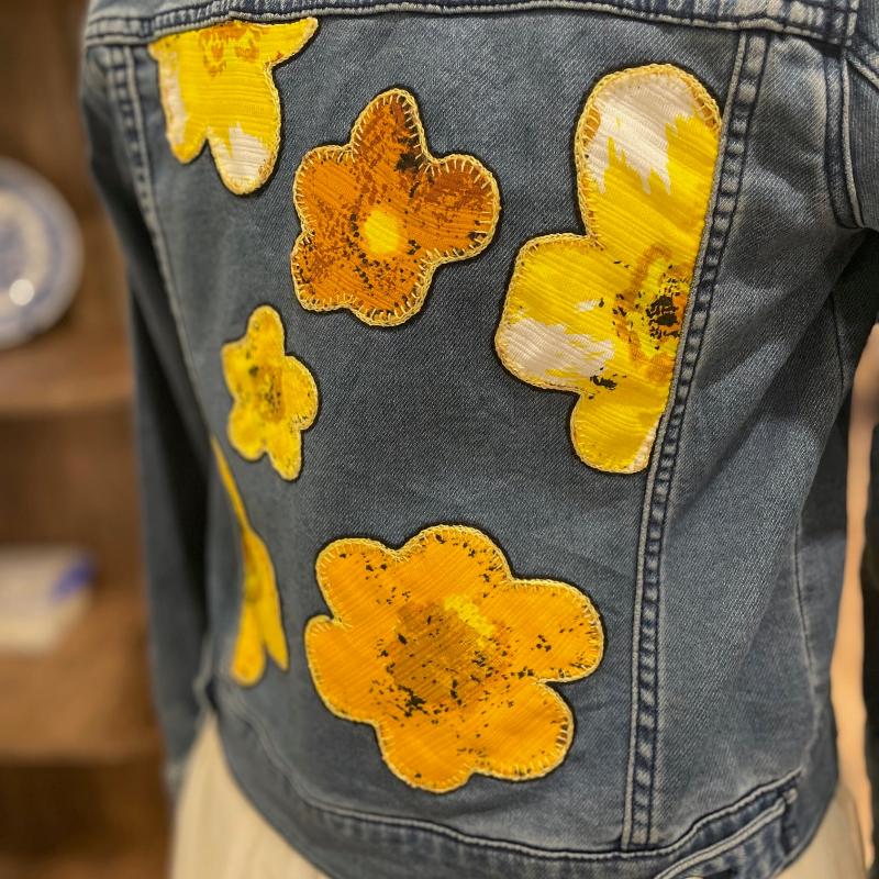 sz 14 yellow hippy flowers denim jacket