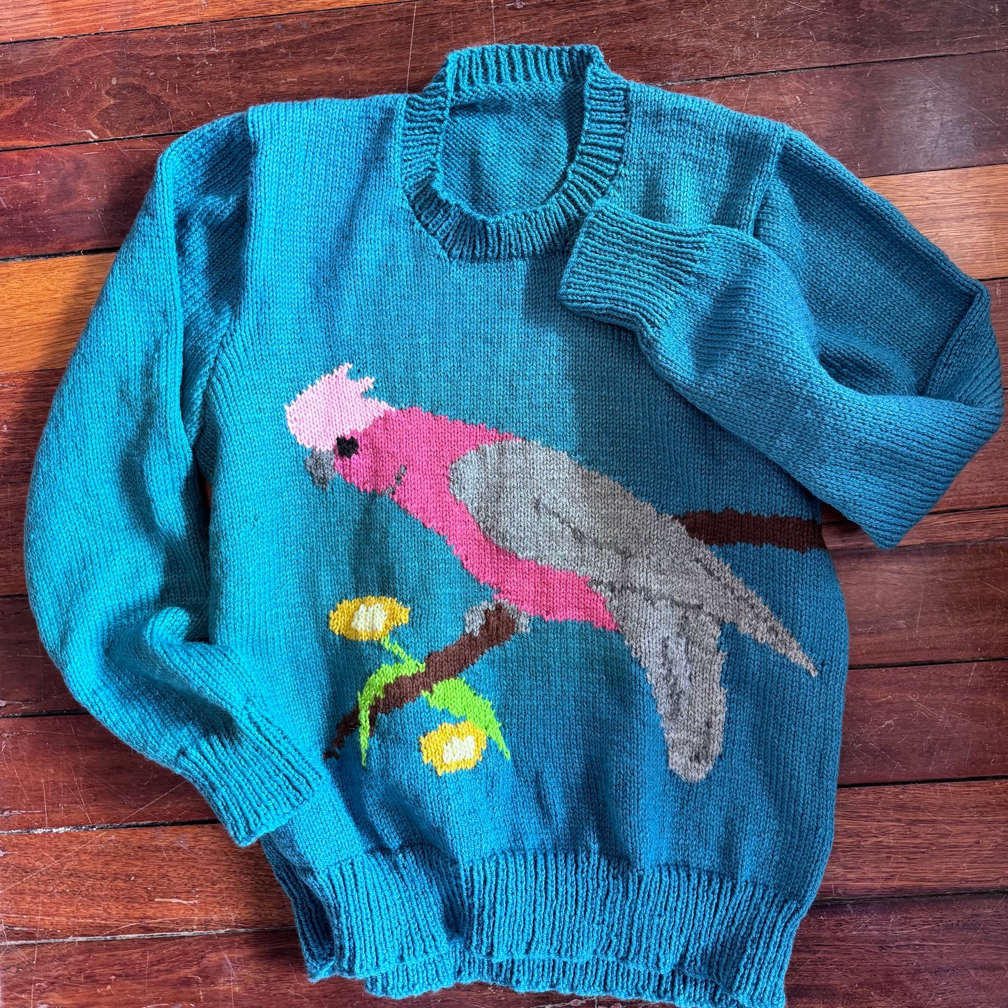 Teal Galah handknit jumper