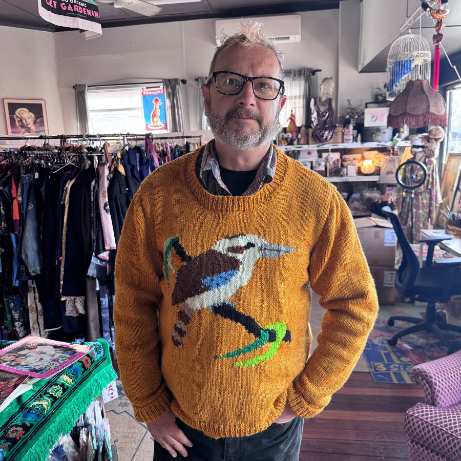 Kookaburra mustard handknit jumper