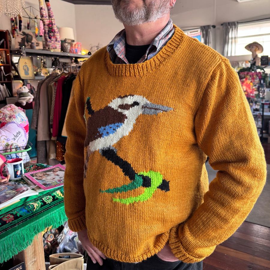 Kookaburra mustard handknit jumper