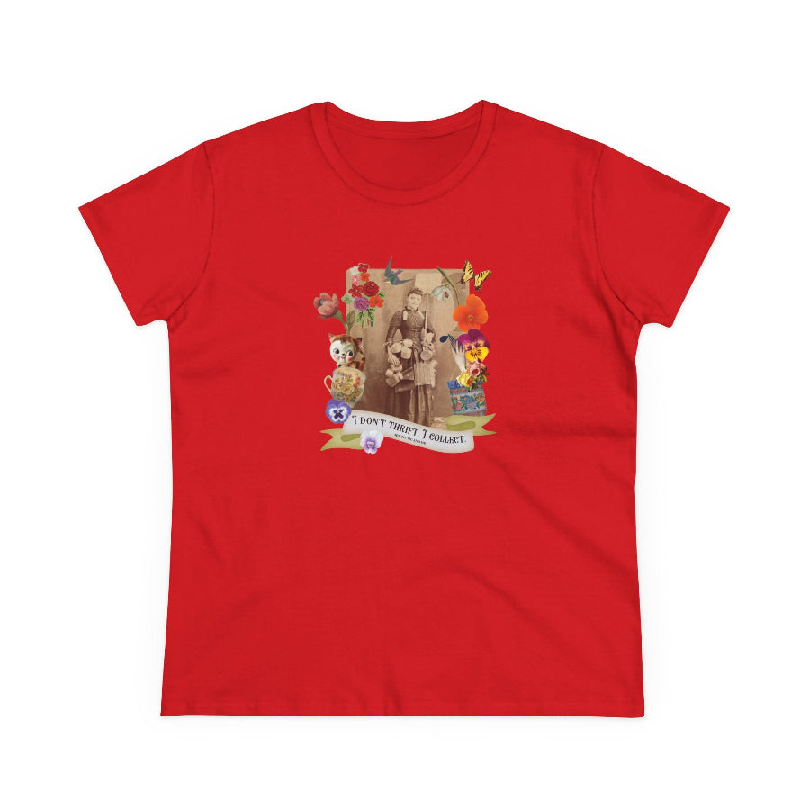 A red short-sleeve crewneck t-shirt with a colorful graphic print on the chest depicting Saint Francis of Assisi, a dog, a lion, and a banner that reads 'I don't thrift. I collect'.