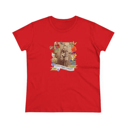 A red short-sleeve crewneck t-shirt with a colorful graphic print on the chest depicting Saint Francis of Assisi, a dog, a lion, and a banner that reads 'I don't thrift. I collect'.