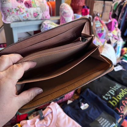 Tan tooled leather wallet