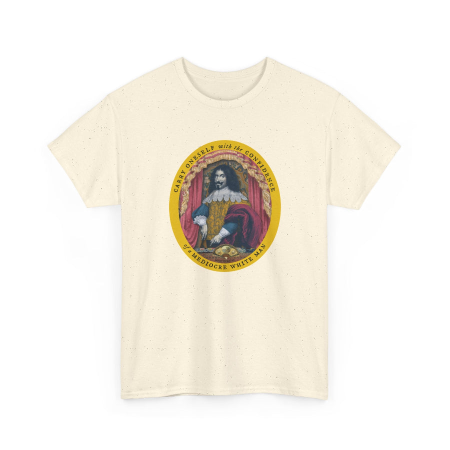 An off-white short-sleeve crewneck t-shirt featuring a circular graphic print on the chest. The graphic depicts a historical figure in a yellow and red coat inside a gold-bordered circle with the text 'carry oneself with the confidence of a mediocre white man'