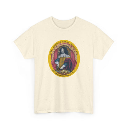 An off-white short-sleeve crewneck t-shirt featuring a circular graphic print on the chest. The graphic depicts a historical figure in a yellow and red coat inside a gold-bordered circle with the text 'carry oneself with the confidence of a mediocre white man'