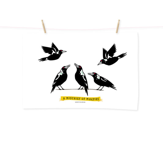 PRE ORDER A mischief of magpies tea towel