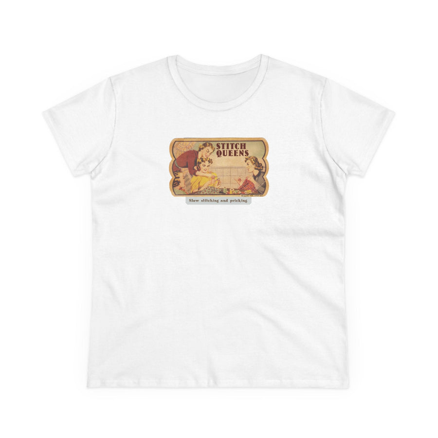A white short-sleeve crewneck t-shirt featuring a vintage-style graphic print on the chest with Stitch Queens. The graphic depicts two women in historical dress under a banner that reads 'STITCH QUEENS' with the tagline 'those who stitch and weave' below.