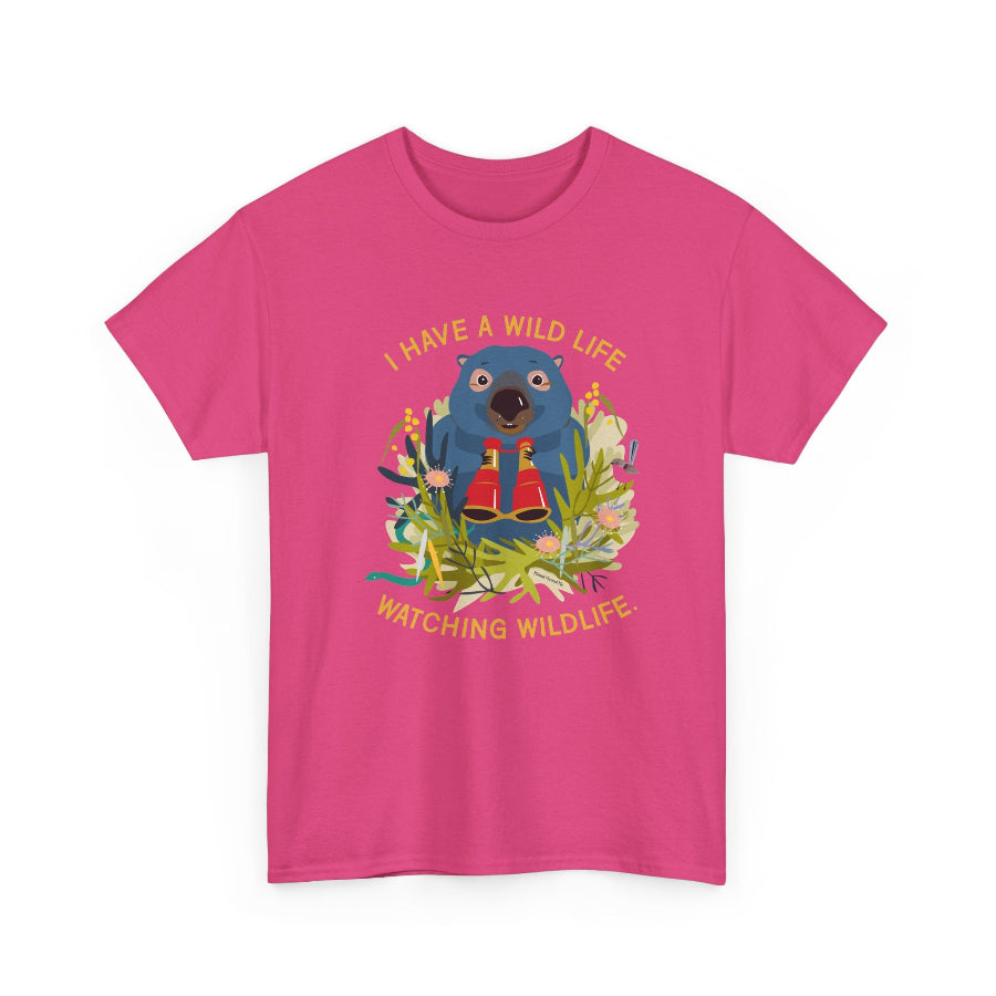 Pink t-shirt with a wombat graphic and text on a white background